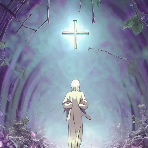 Image similar to a christian cross as the light at the end of the tunnel, with pale purple and pale pink lighting, cute, aesthetic, anime, with a few vines and overgrowth, studio ghibli, cinematic, painting, high definition, digital art, symmetrical, very detailed, extremely high detail, photo realistic, concept art, unreal engine 5,