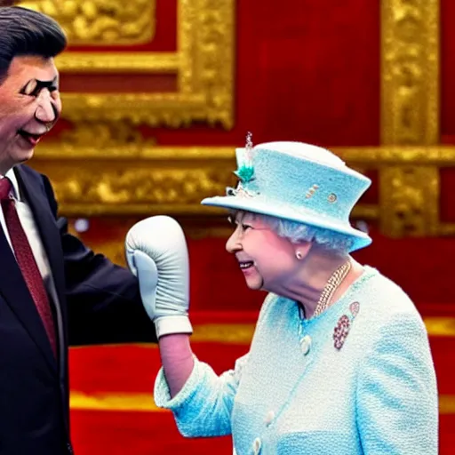 Prompt: Xi Jinping in a boxing match with the Queen of England,