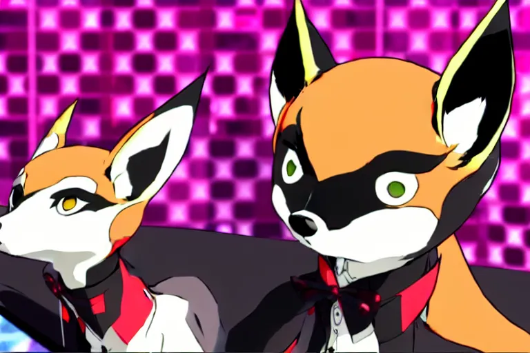 Image similar to in the persona 5 : royal ( by atlus ) video game casino level, a furry male sandcolored tan fox fursona ( has hair ), persona 5 phantom thief style