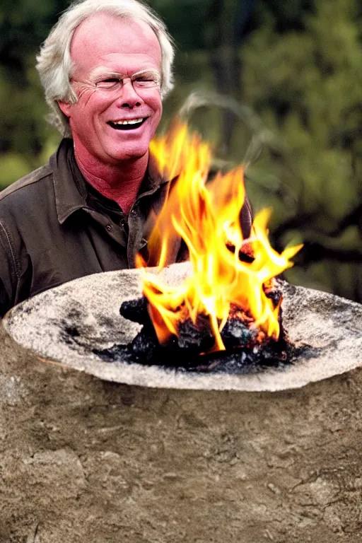 Image similar to kevin tighe floating above a fire laughing