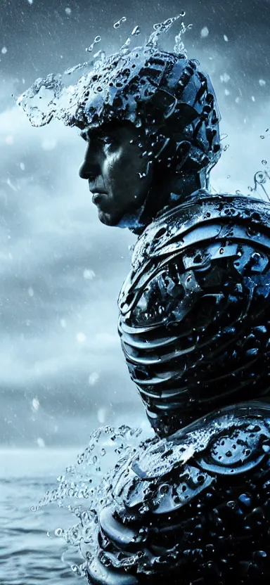 Image similar to suit of armor, made of liquid, made of water, rising up from ocean, water armor, norway fjord, medium close up portrait, studio lighting, stormy seas, beautiful, bokeh, snowy, storm clouds, god rays, d & d, fantasy, elegant, low key color palette, concept art, roger deakins and greg rutkowski and alphonse mucha