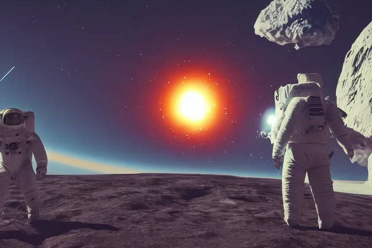 Image similar to astronaut aims a gun at a second astronaut, with earth in the background, unreal engine 5, dark space