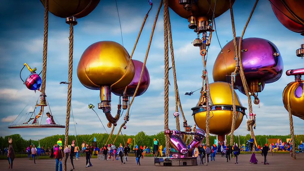 Image similar to large colorful futuristic space age metallic steampunk steam - powered balloons with pipework and electrical wiring around the outside, and people on rope swings underneath, flying high over the beautiful klaipeda in lithuania city landscape, professional photography, 8 0 mm telephoto lens, realistic, detailed, photorealistic, photojournalism