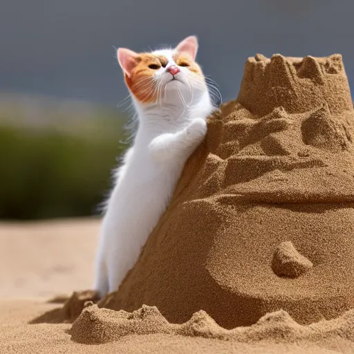 Prompt: a calico cat making a sand castle