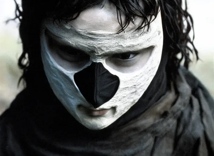 Image similar to young man with black fabric mask, short dark hair, true anatomy!, photorealistic, film still, style of lord of the ring by peter jackson - h 7 6 8