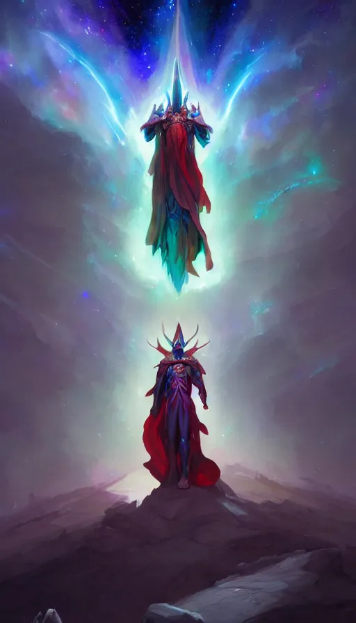 Prompt: cosmic wizard with a cape, epic scene, colors, holy, full body, galaxy, and, stars, atmosphere, unreal engine, video game, ethereal, insanely detailed, symmetrical, concept art, peter mohrbacher, charlie bowater, artstation, craig mullins, cinematic, video game, digital painting, artist maena, 4 k