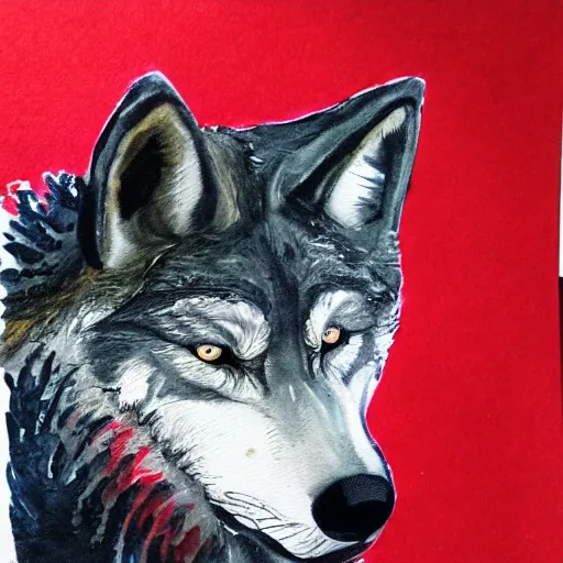 Image similar to image of a wolf painted with black and red watercolors on white paper