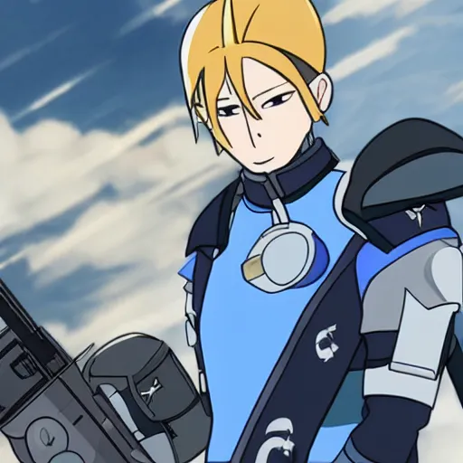 Image similar to a futuristic soldier captain with a metal visor and a blue shoulderpad in anime style