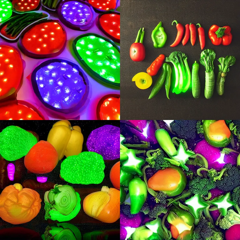 Prompt: Vegetables with RGB lights in space