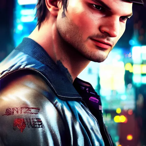 Image similar to ashton kutcher portrait, cyberpunk 2 0 7 7, cyberpunk, photorealistic, ultra detailed, neon, octane, bokeh, cinematic lighting, cyber, cyberpunk city, studio quality, feature, scars, cyberface, 8 k