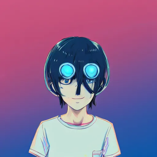 Prompt: front facing portrait of 2 d anime character with white vintage polaroid camera as his face instead of human head, retro polaroid camera as head, black tees, intricate pink and blue cables, 3 d render, ultra detail, hyperrealism, 8 k
