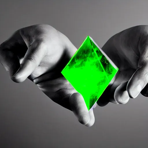 Image similar to a glowing shard of kryptonite held in an open black - gloved hand, black background