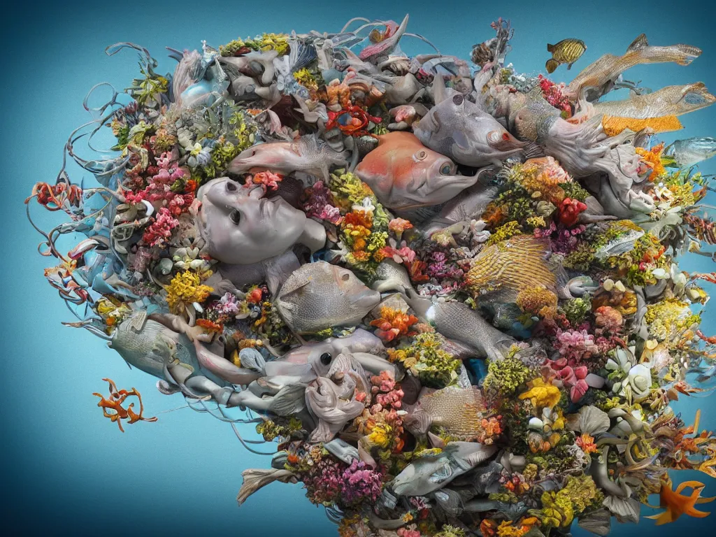 Image similar to a sculpture of fish ocean intertwined, a lovely cornucopia of flowers and human body parts, body parts, highly detailed, octane render, cinematic, shock, sharp focus, an independent sharp, clean, studio lighting