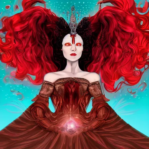 Prompt: urban fantasy character portrait of the goddess of trysts, ownership, hospitality and epiphanies, a vision in a scarlet ballgown, with raven tresses artfully atop her head, intoxicating, slight, asymmetrical face, inescapable presence, every line of perspective, every gaze, every beam of light curves towards Her, adulation