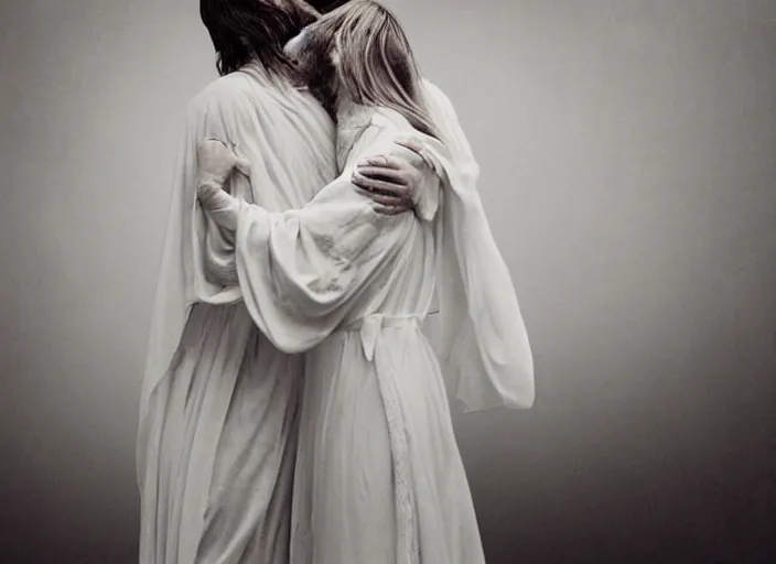 Image similar to jesus hugging a woman, spirit hugs, in style of paolo roversi, britt marling style 3 / 4, a beautiful ethereal lace white robe, close - up, 8 k, soft focus, soft light, volumetric lighting, highly detailed realistic, refined, highly detailed, natural outdoor soft pastel lighting colors scheme