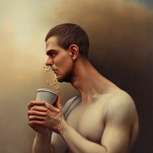 Image similar to by tom bagshaw, ultra realist soft painting of a daily clothed man drinking his coffee, nuclear bomb explosion, partial symmetry accurate features, very intricate details, focus, curvy, award winning, ultra dense fog