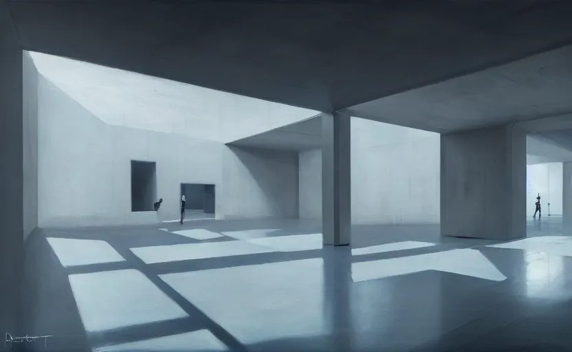 Prompt: painting of interior shot of a white concerete brutalist contemporary art museum by darek zabrocki and greg ruthkowski, cinematic and blue cold atmospheric, archillect concept art, artstation, trending on artstation