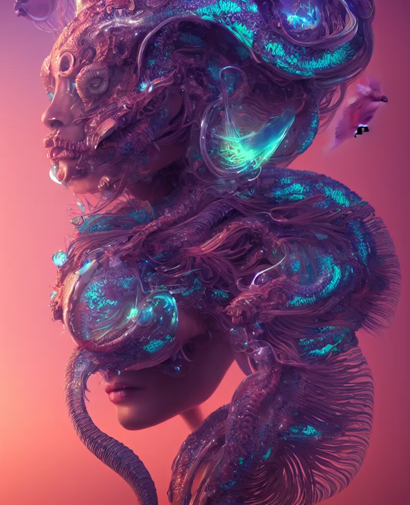 Image similar to goddess close-up portrait. chimera orchid jellyfish phoenix head, nautilus, skull, betta fish, bioluminiscent creatures, intricate artwork by Tooth Wu and wlop and beeple. octane render, trending on artstation, greg rutkowski very coherent symmetrical artwork. cinematic, hyper realism, high detail, octane render, 8k