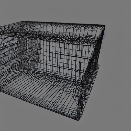 Prompt: underexposed film of a bottle rack wireframe mesh model, low poly