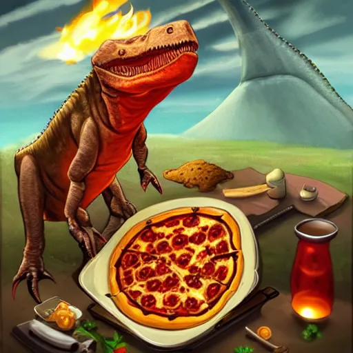 Prompt: a dinosaur cooking pizza, trend in artstation, hdr