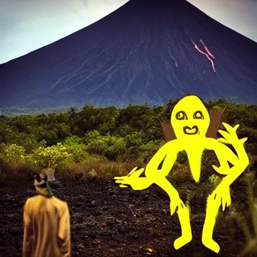 Prompt: “a goblin with brown skin and glowing yellow eyes with a volcano in the background”