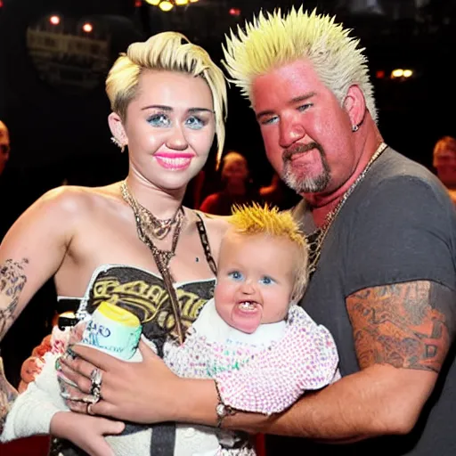 Image similar to miley cyrus and guy fieri holding their baby