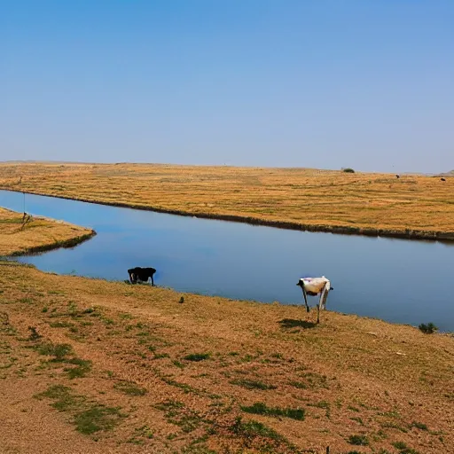 Image similar to landscape, river made of karak, with cows grazing, wide shot, photo