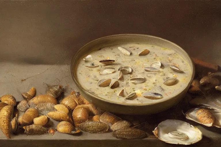 Prompt: a bowl of clam chowder with grubs and pupae pouring out of it, grubs and pupae everywhere, hyperrealism, 8 k, dutch masters, art by rembrandt