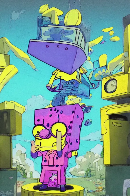 Image similar to concept art painting of alternate reality spongebob, artgerm, moebius, inio asano, toon shading, cel shading, calm, tranquil, vaporwave colors,