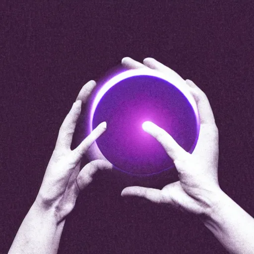 Image similar to a hand grabbing a perfectly circular white orb that emits dark light, decayed, glitchart, epic, black and white with purple highlights