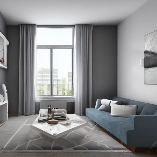 Image similar to apartment in soothing colors, furnished by nate berkus, ultra realstic, 8k octane render