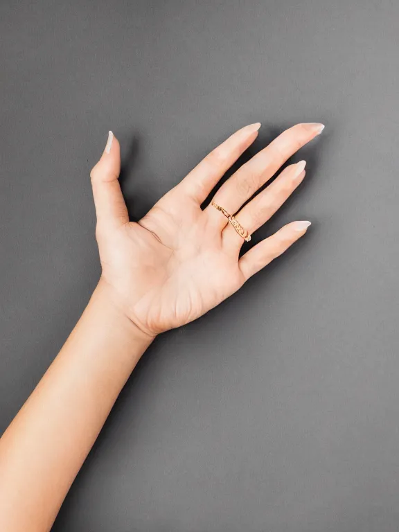 Prompt: photo of one!! detailed elegant woman's hand palm up, long nails, instagram photo, studio photo