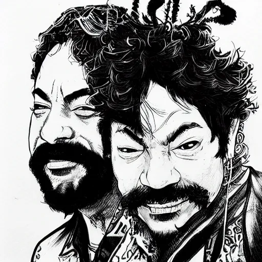 Image similar to portrait of cheech and chong, concept art, sumi - e style, intricate linework, artstation, trending, highly detailed, smooth, focus, art by yoji shinkawa,