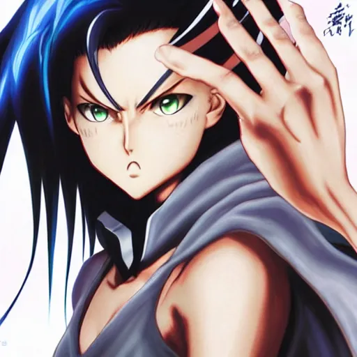 Image similar to Hiei from Yu Yu Hakusho, art by Artgerm