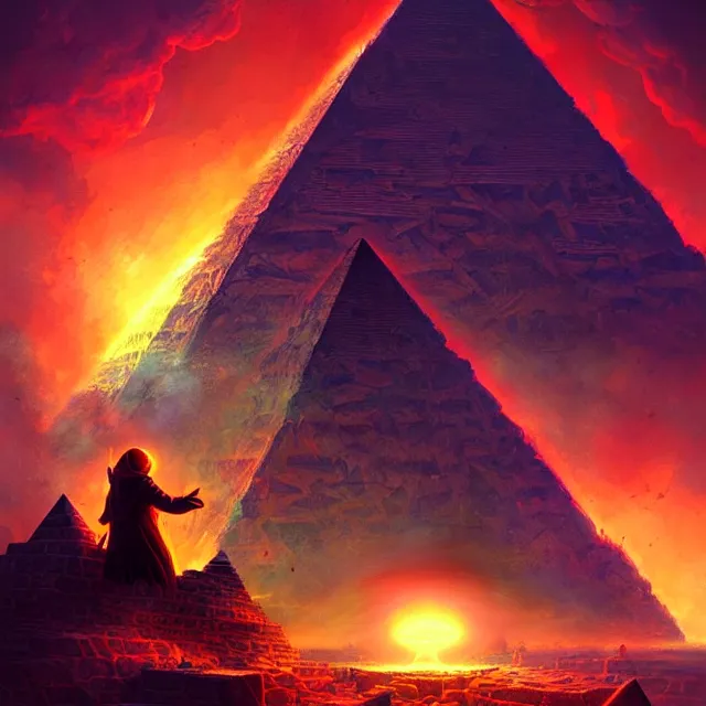 Image similar to the illuminati eye opening up from an orb above a pyramid, atmospheric lighting, intricate, volumetric lighting, beautiful, sharp focus, ultra detailed, in the art style of marc simonetti, bowater charlie and brom gerald, astrophotography