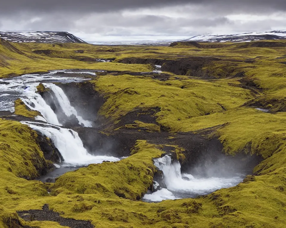 Image similar to an icelandic landscape, waterfall, hyper - realistic