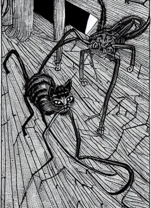 Image similar to a cat with spider legs and spider eyes, walking towards camera, highly detailed, by junji ito.