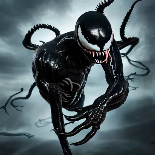 Image similar to full body pose, hyperrealistic photograph of venom, dim volumetric lighting, 8 k, octane beautifully detailed render, extremely hyper detailed, intricate, epic composition, cinematic lighting, masterpiece, trending on artstation, very very detailed, stunning, hdr, smooth, sharp focus, high resolution, award, winning photo, dslr, 5 0 mm