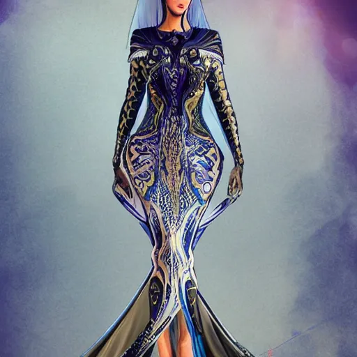 Image similar to a beautiful arabian woman wearing a futuristic dress by alexander mcqueen, artgerm, fashion show, futuristic, organic dress, seamless pattern, concept art, fantasy