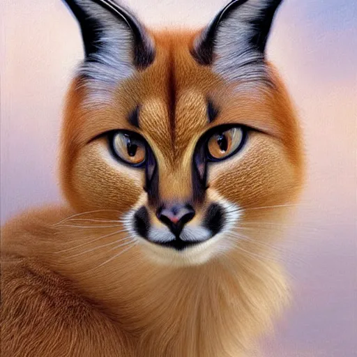 Image similar to fullbody portrait of cute fluffy caracal with laurel wreath on his head, chaplet on head, illustration, high detail, francine van hove