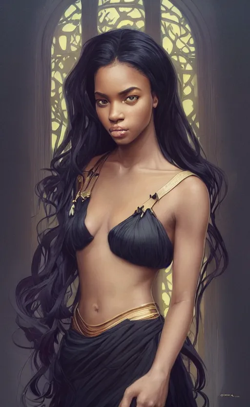 Prompt: a portrait of an attractive young Black female, beautiful long hair, clothed like a femme fatale, intricate, elegant, highly detailed, digital painting, trending on artstation, concept art, smooth, sharp focus, illustration, art by artgerm and greg rutkowski and alphonse mucha