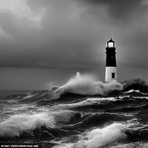 Prompt: award winning photograph of a lighthouse being battered by stormy seas, dark, moody, cinematic, 8k