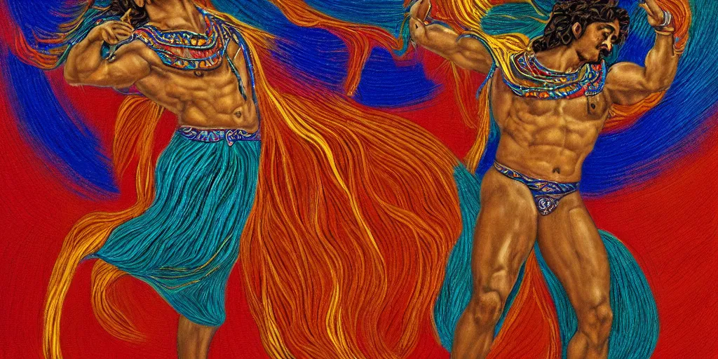 Image similar to an abstract spiritual background, portrait of a virile latino greek god dancing. 2 4 mm, photorealistic, muted color scheme, directed by mati klarwein