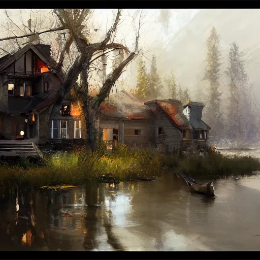 Prompt: a house by the lake, painted by raymond swanland, painted by greg rutkowski, painted by jeremy mann, painted by artgerm, painted by igor kieryluk, trending on artstation