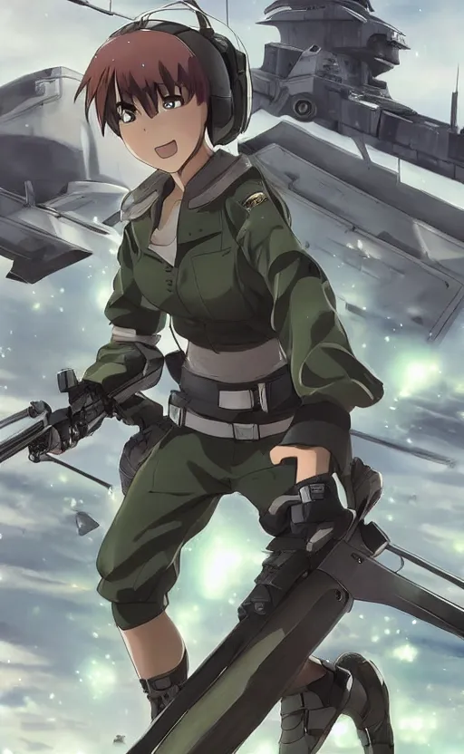 Prompt: girl, trading card front, future soldier clothing, future combat gear, realistic anatomy, concept art, professional, by ufotable anime studio, green screen, volumetric lights, stunning, military camp in the background, metal hard surfaces, focus on doing the face right, strafing attack plane, face of kaga from kancolle