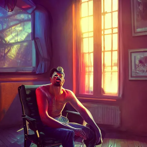 Prompt: half - car - man sitting in a chair in his living room with sunlight pouring in through a window, portrait, fantasy, beautiful face, vivid colors, elegant, concept art, sharp focus, digital art, hyper - realistic, 4 k, unreal engine, highly detailed, hd, dramatic lighting by brom, trending on artstation