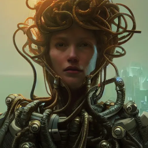 Image similar to portrait of Medusa with vr headset, cyberpunk, thick cables on the head, futuristic hi-tech details, ominous, intricate, art by anthony macbain + greg rutkowski + alphonse mucha, concept art, 4k, sharp focus, cinematic unreal engine