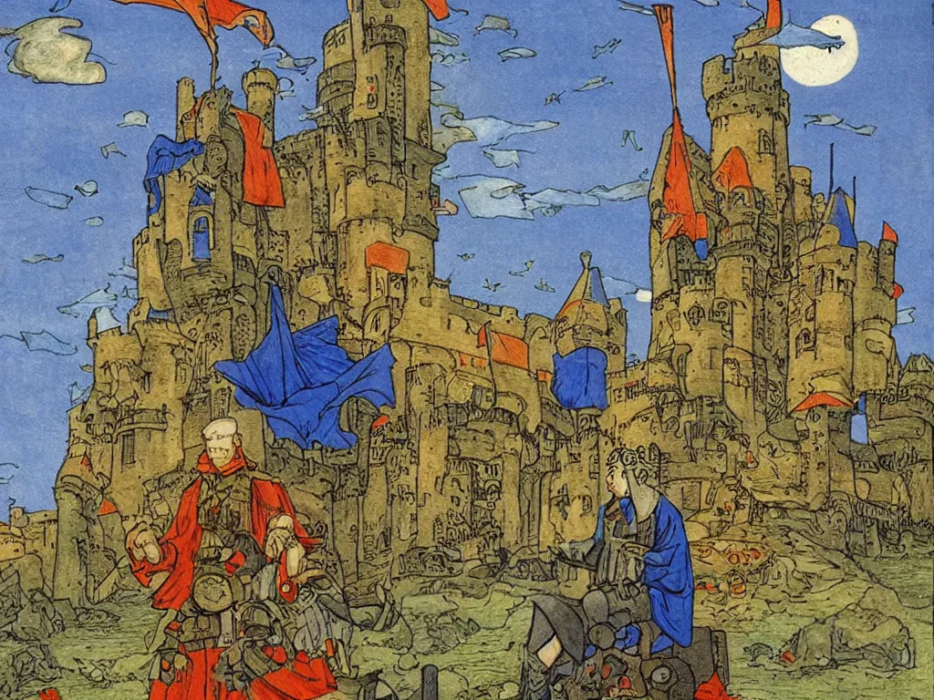 Prompt: cyberpunk king man with hovercraft at a castle in autumn. painting by limbourg brothers, moebius