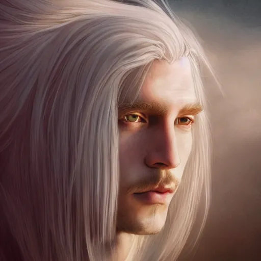 Prompt: Portrait of an androgynous blond prince in a beautiful world, pale milky white skin and long fluffy curly blond hair, intricate, elegant, fantasy, highly detailed, digital painting, concept art, Junji Ito, sharp focus, illustration, beautiful volumetric lighting, epic light, artstation, magic hour lighting, colorful, sunshine, springtime, art by Sylvain Sarrailh