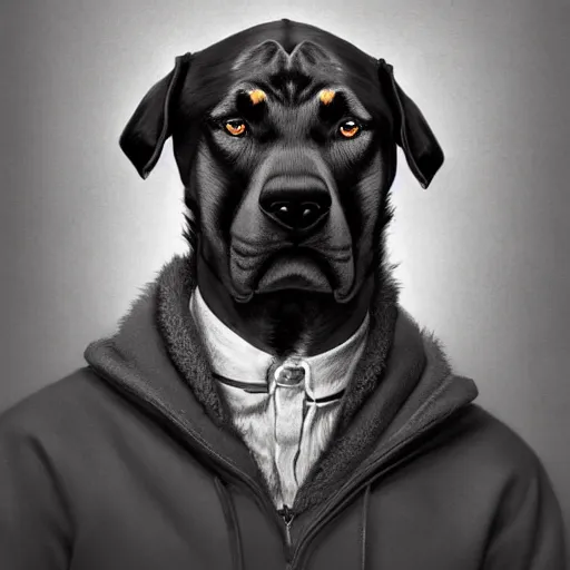 Image similar to ripped physique crown collar leash Man portrait Sherlock Samuel Beckett snout Detective Anthropomorphic furry fuzzy fashion vogue Rotweiler man wearing a Rotweiler costume wearing a hobo costume gerald brom bastien grivet greg rutkowski norman rockwell portrait face head snout ears eyes illustration tombow